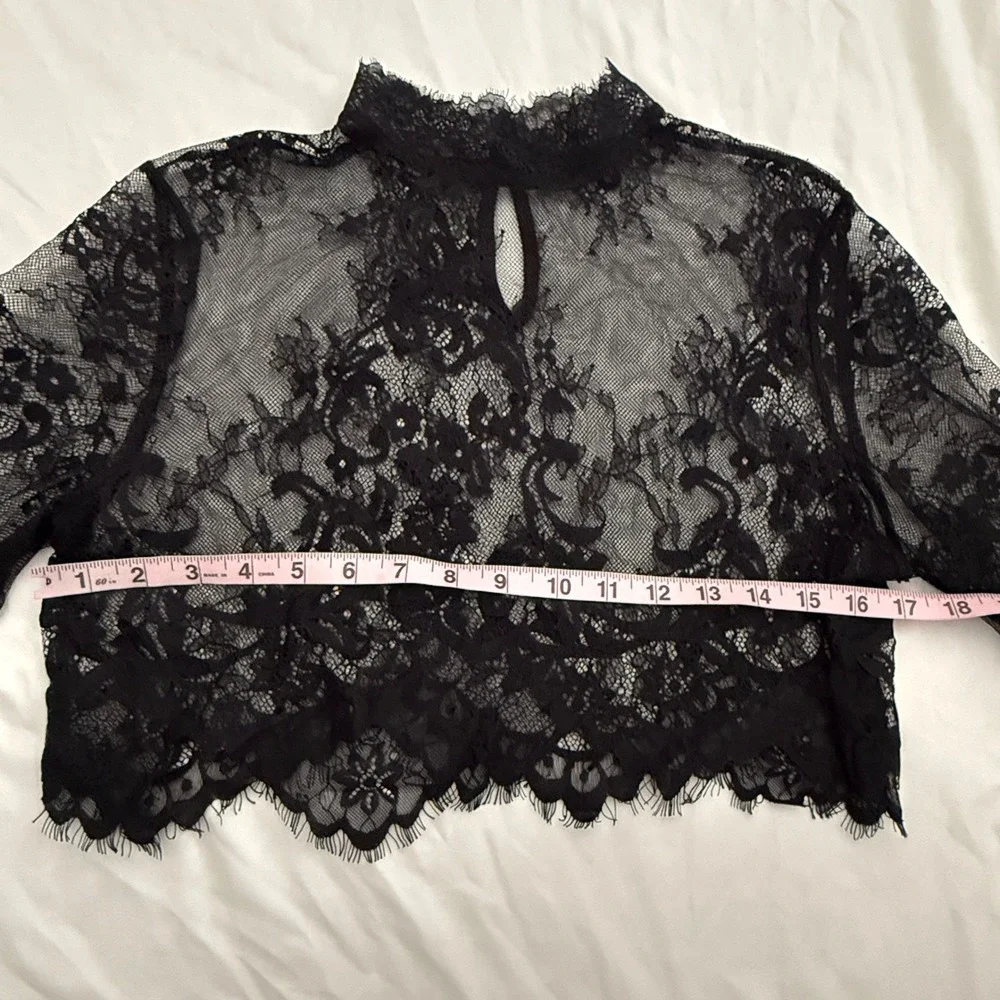SHEIN Black Floral Lace Mock Neck Crop Top Sheer Long Sleeve Eyelash Trim Small